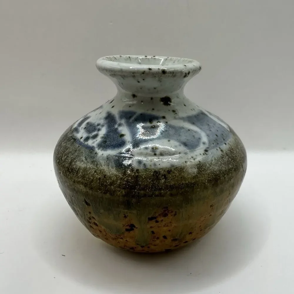 Schelu Studio Pottery Albuquerque NM Vintage Vase Earthenware Stencil Drip Glaze